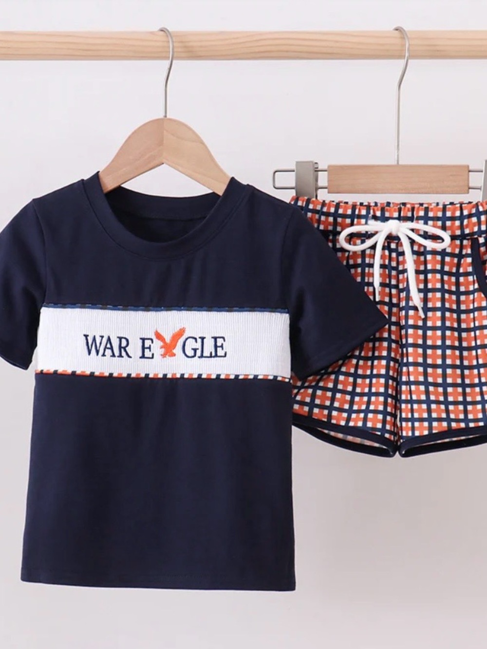 Kids Navy Auburn War Eagle 🦅 Short Set with Orange Plaid Shorts